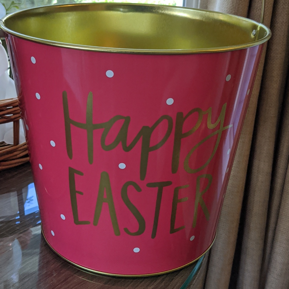 Metal Easter Pail Basket Polka Dots Swing Handle Egg Hunt Tall Happy Easter Gold
